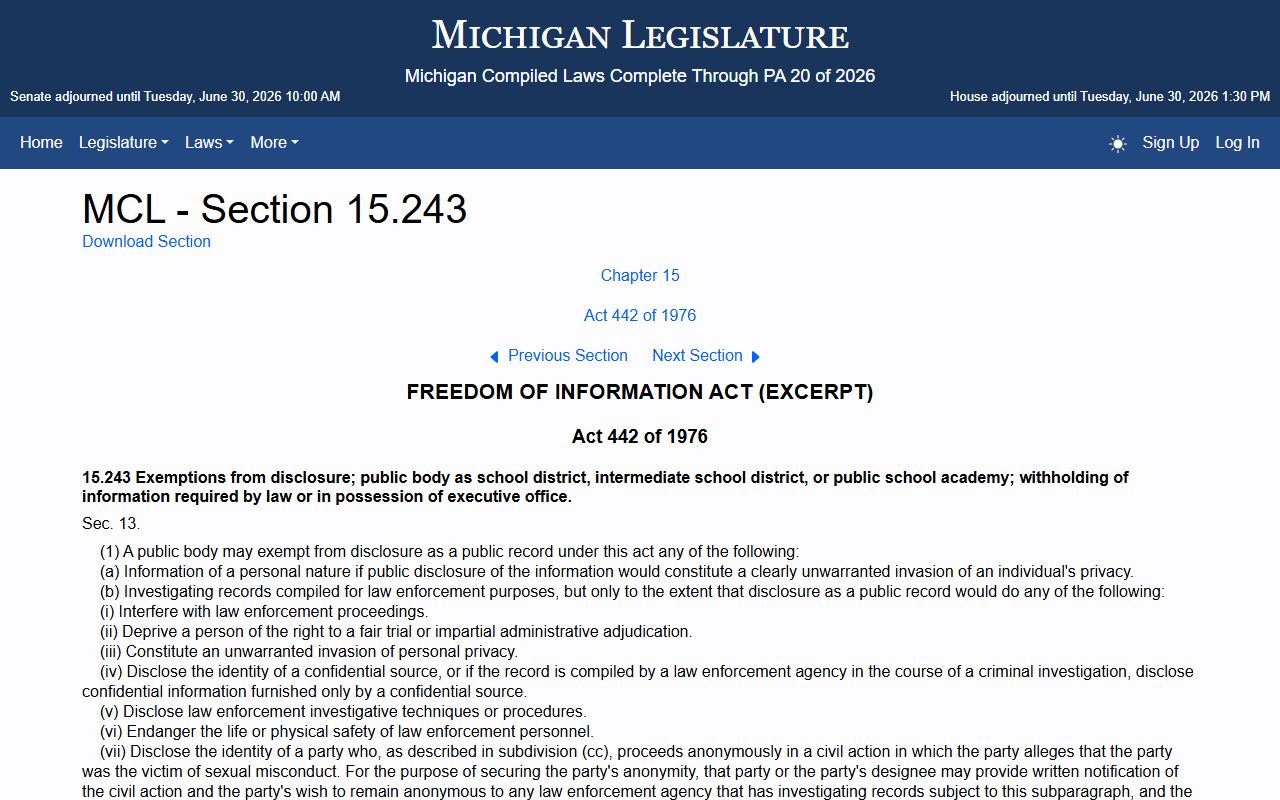 Charlevoix County clerk FOIA exemptions for withheld records
