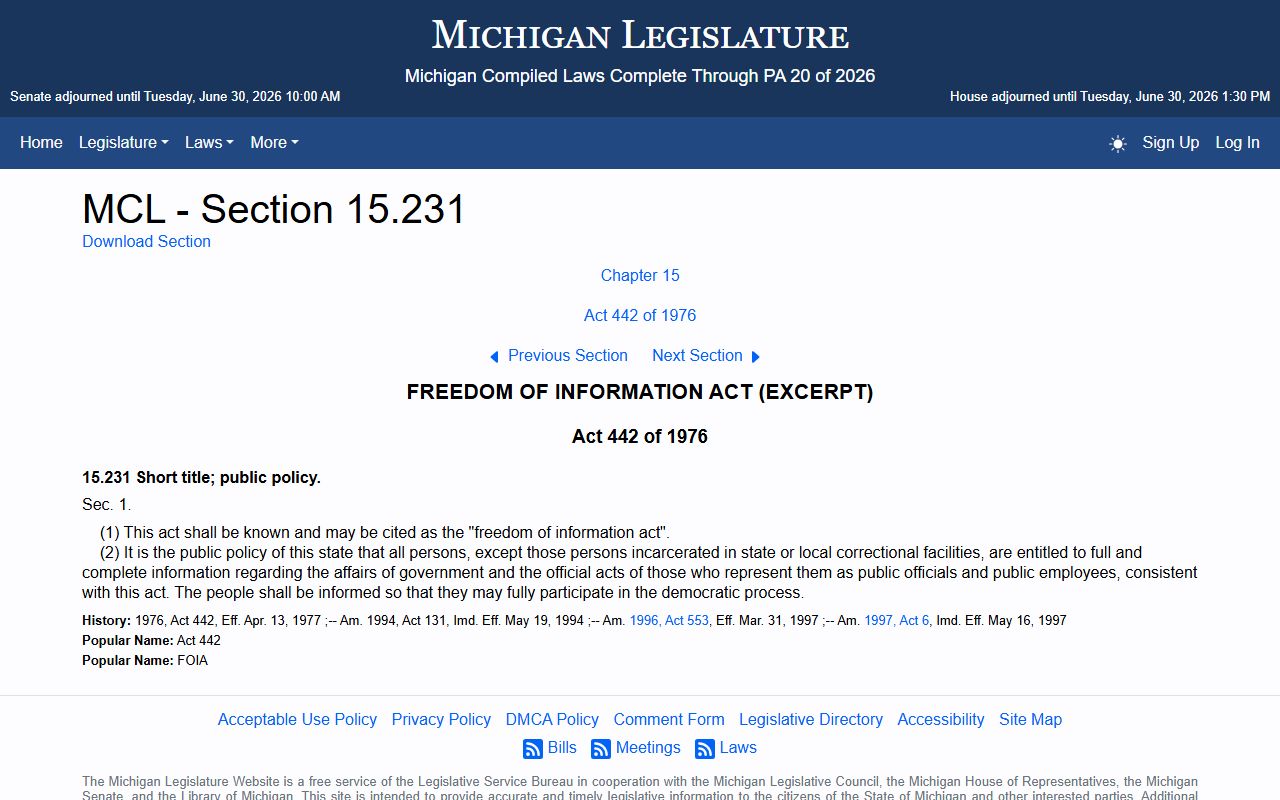Charlevoix County clerk FOIA public records policy under Michigan law