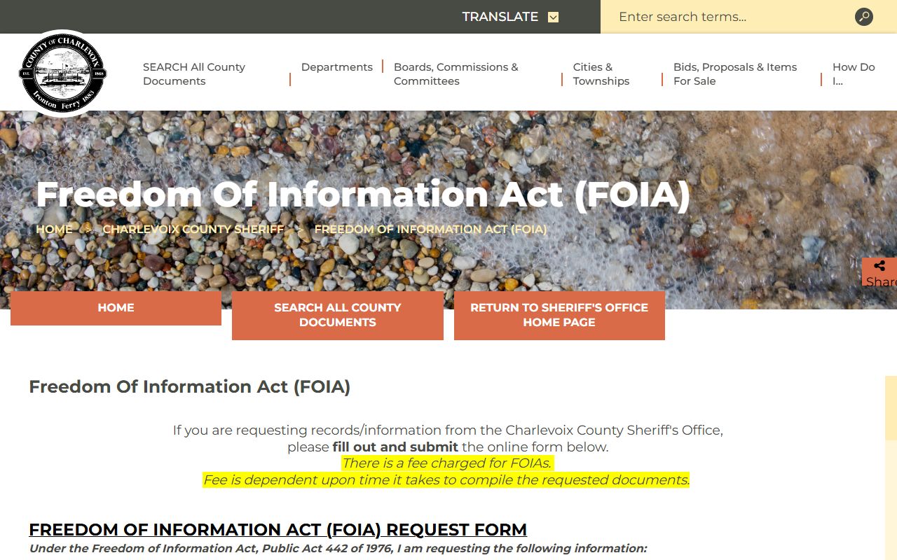 Charlevoix County arrest records FOIA request page