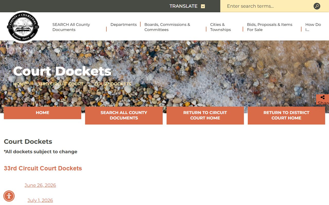 Charlevoix County court dockets page for the 33rd Circuit Court