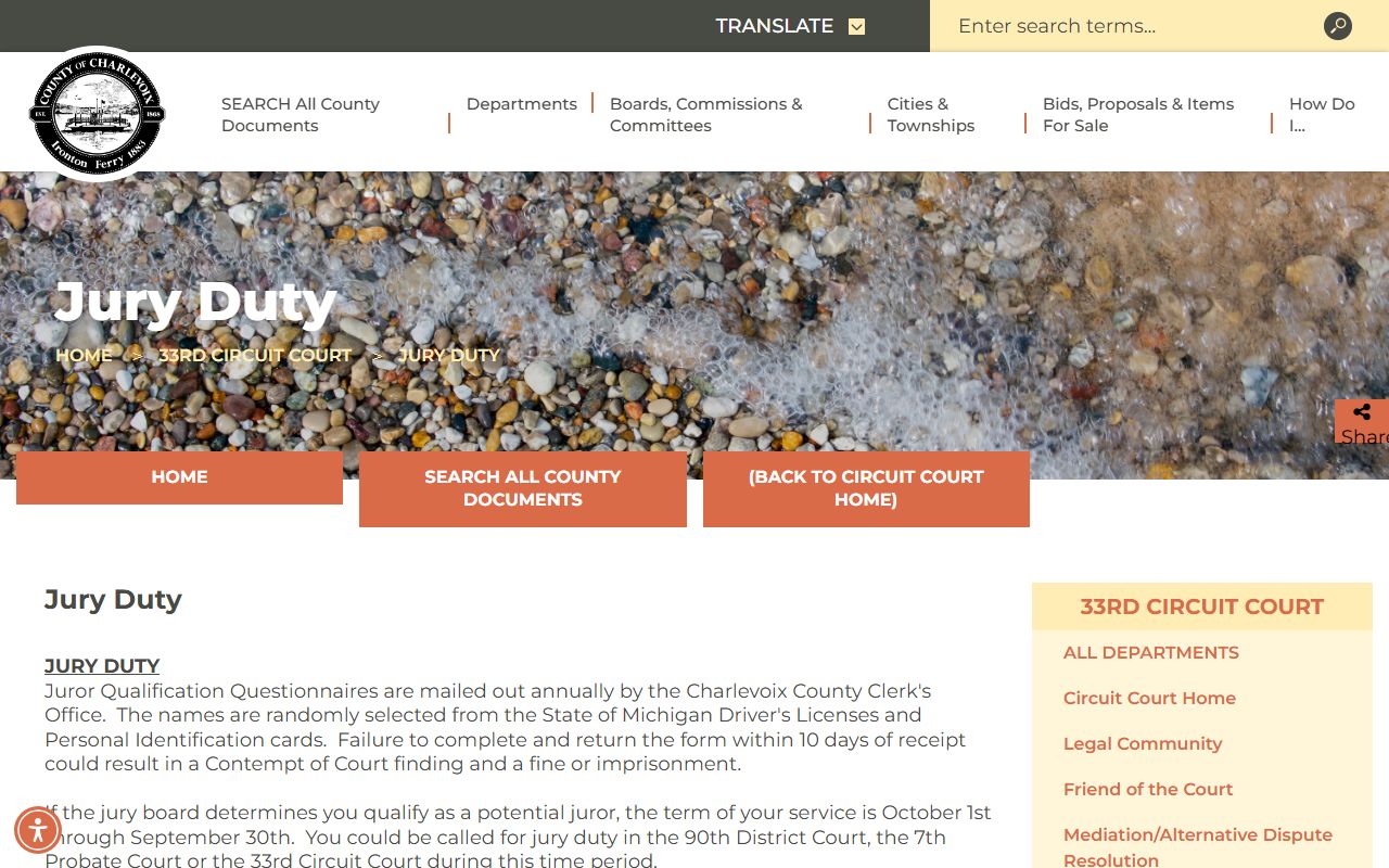Charlevoix County court dockets jury information page for the 33rd Circuit Court