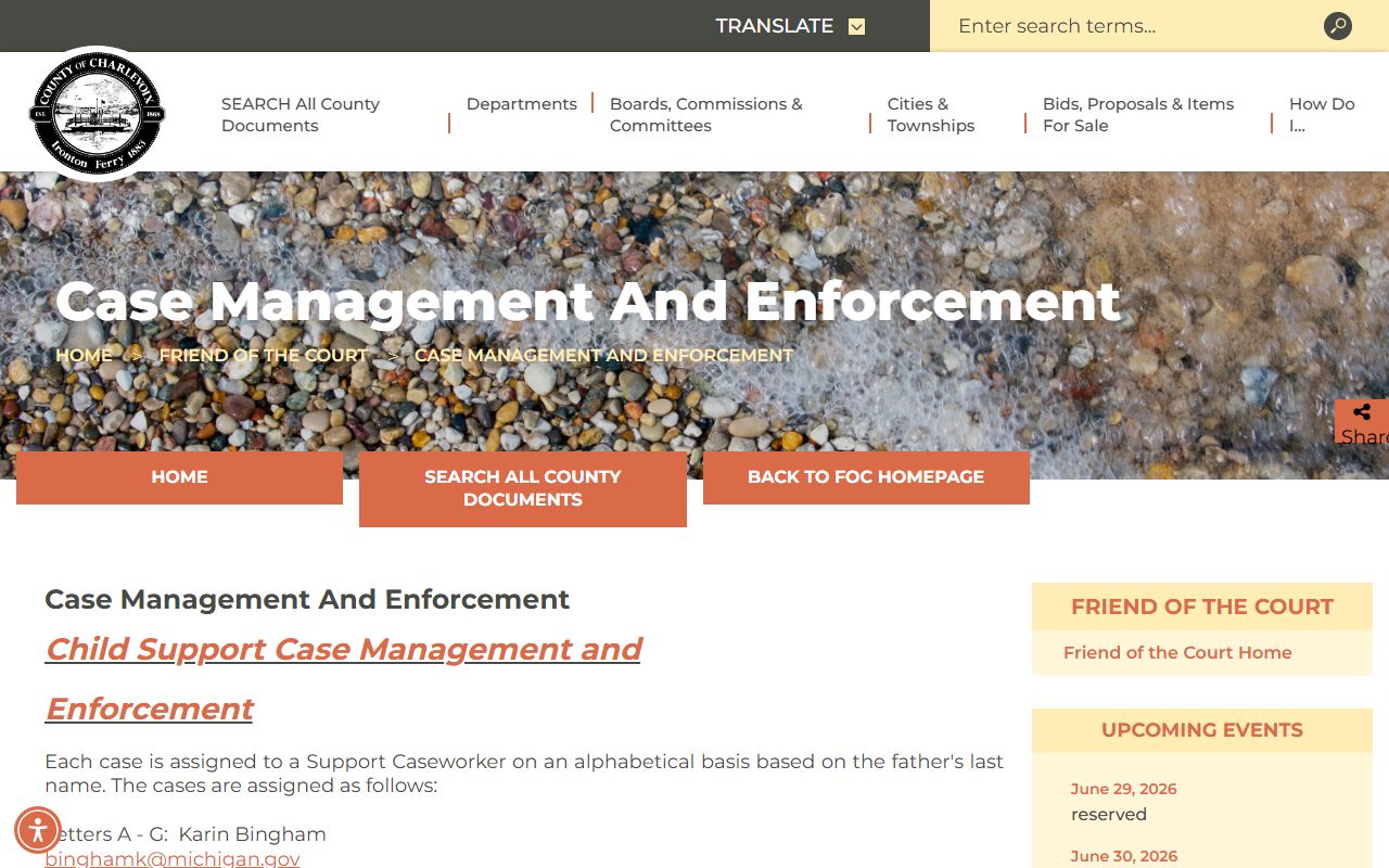 Charlevoix County court dockets Friend of the Court case management and enforcement page