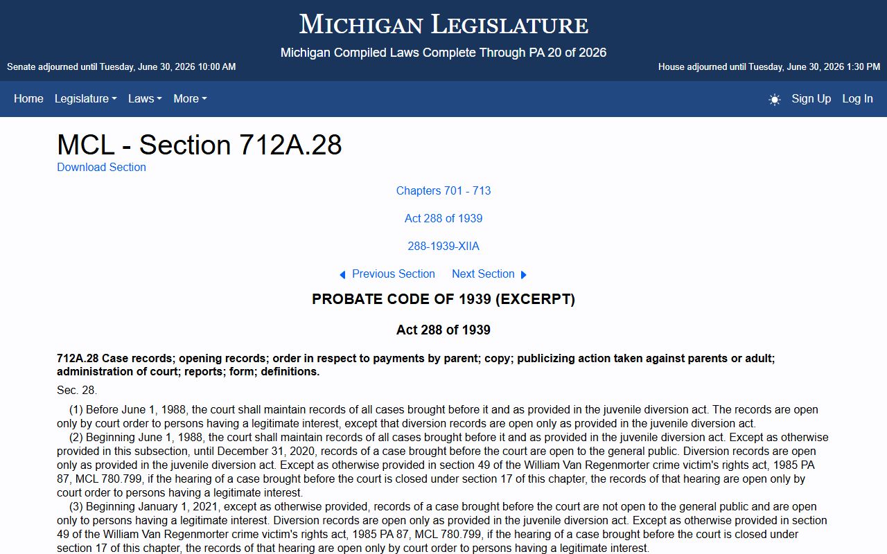 Charlevoix County juvenile court records restricted under MCL 712A.28