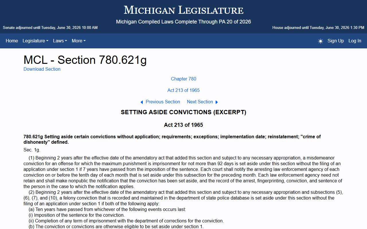 Charlevoix County court records cleared under the Michigan clean-slate law MCL 780.621g