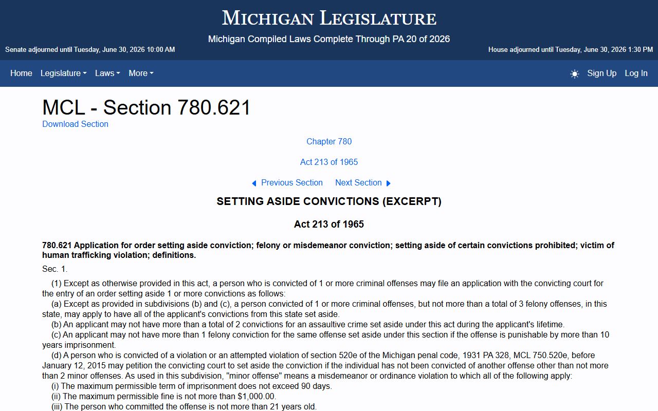 Charlevoix County court records set aside under MCL 780.621