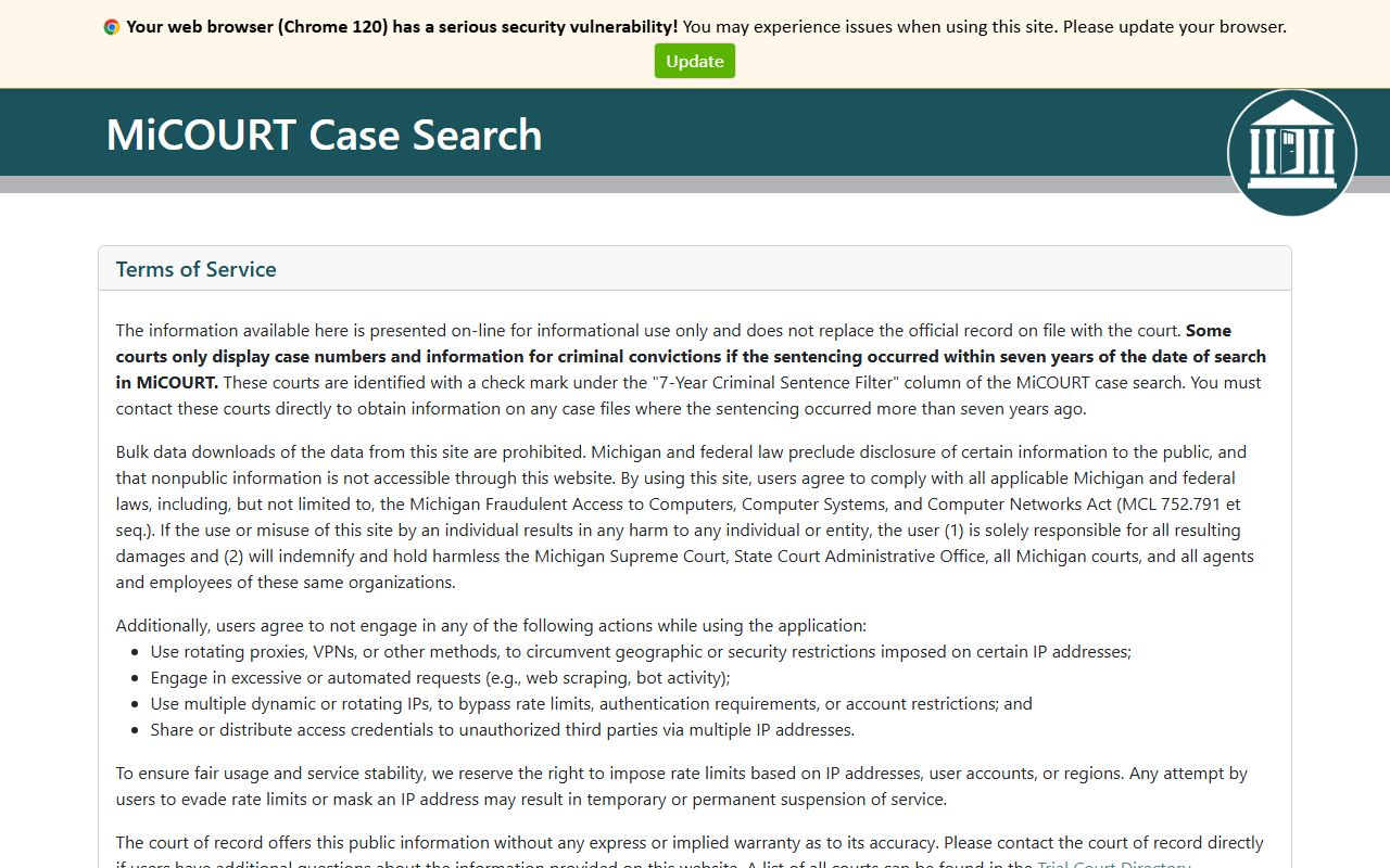 Charlevoix County court records on the Michigan statewide case search