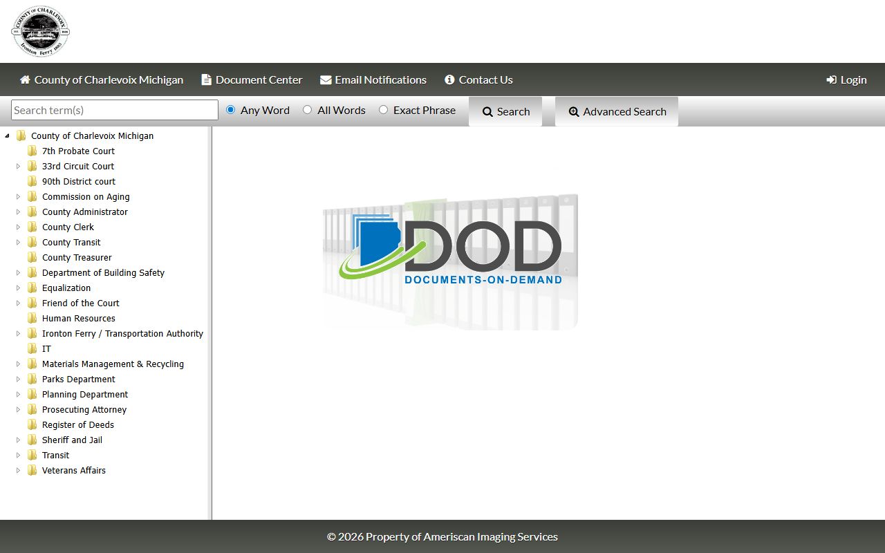 Charlevoix County court records document portal search page