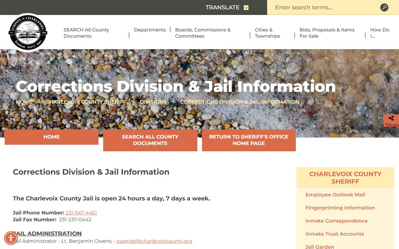 Charlevoix County jail corrections page with inmate visitation and contact rules