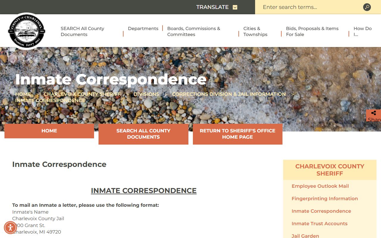 Charlevoix County inmate correspondence and jail mail rules page