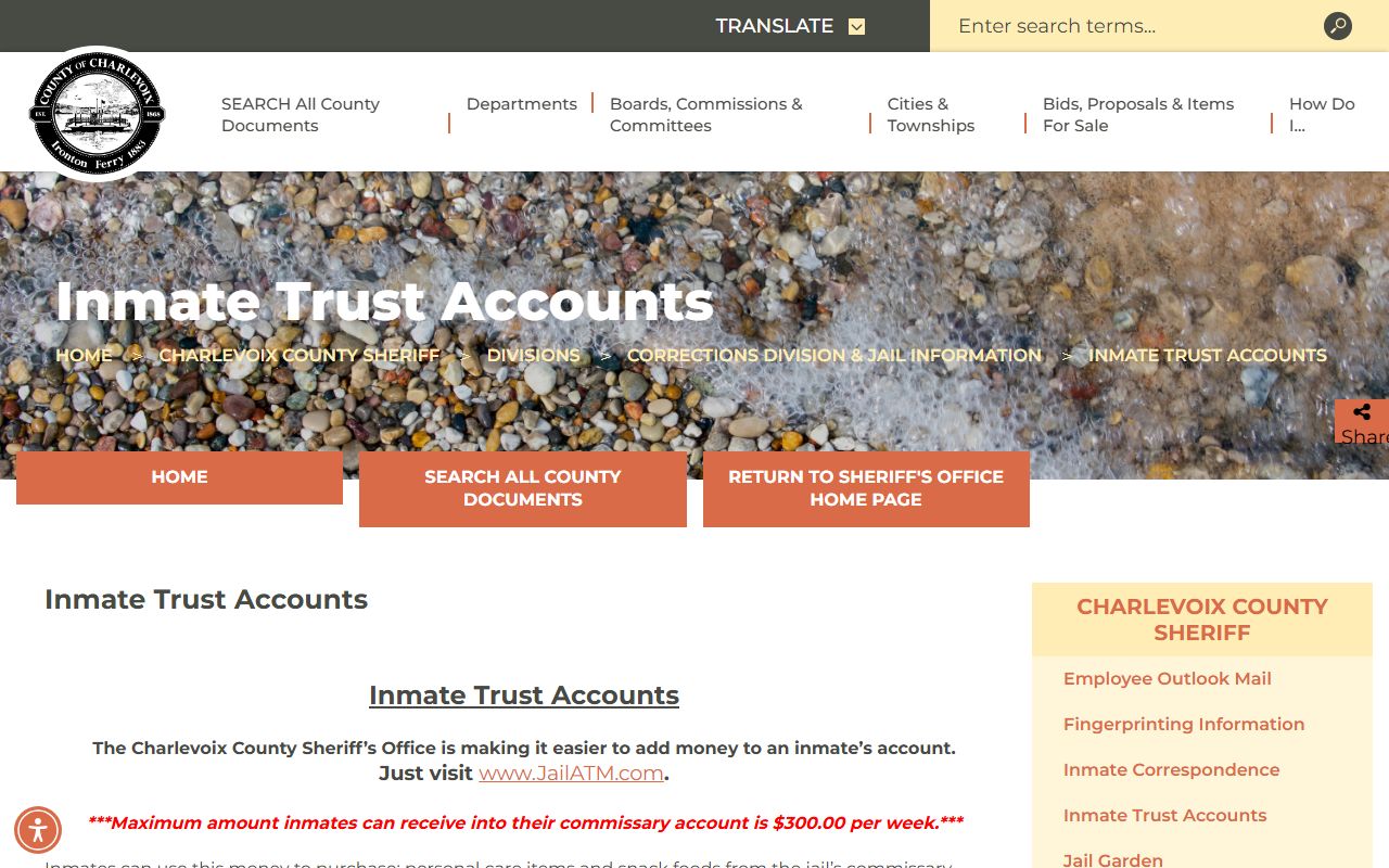 Charlevoix County jail inmate JailATM commissary and money deposit page