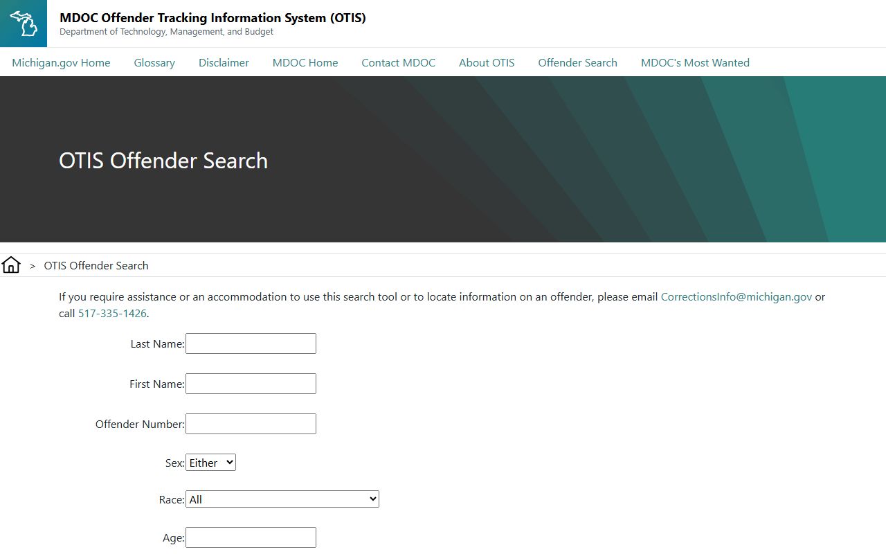 Charlevoix County inmate search fields on the Michigan OTIS jail and prison lookup
