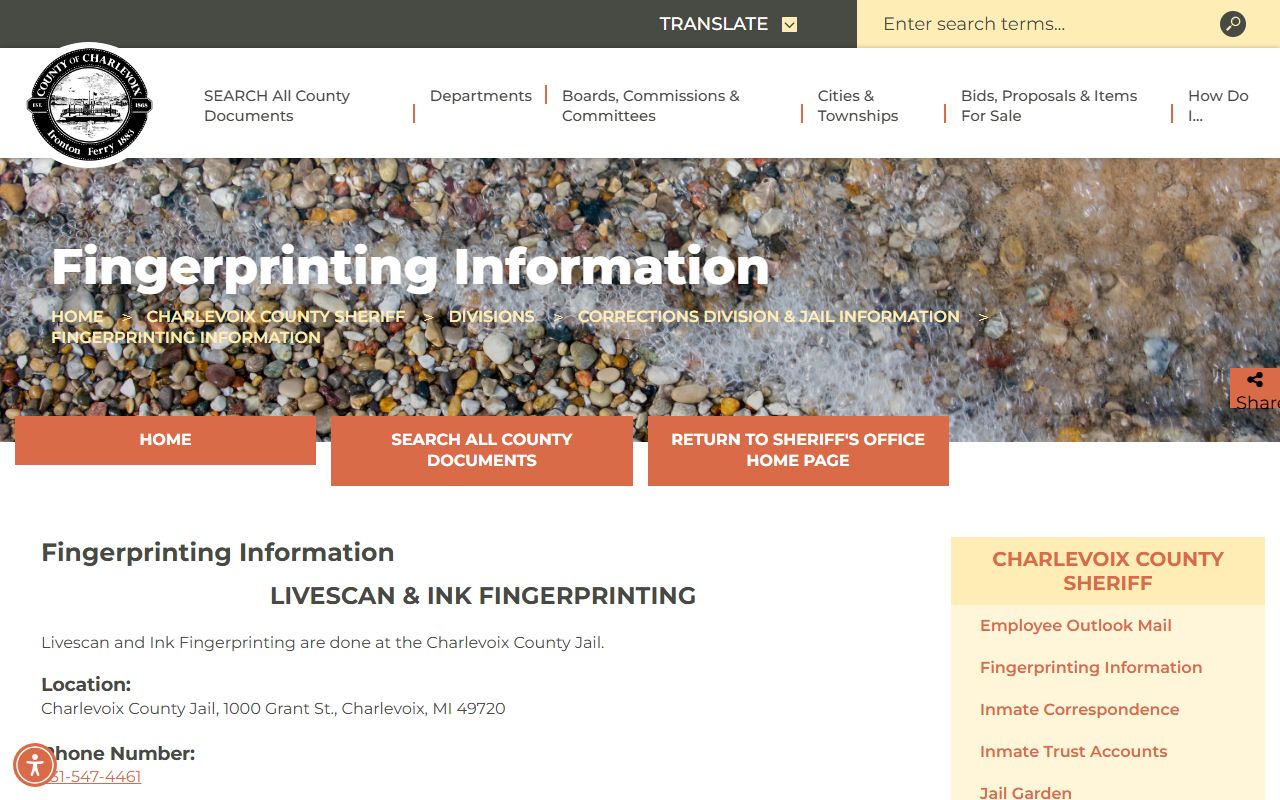 Charlevoix County traffic and CDL fingerprinting information on the sheriff website